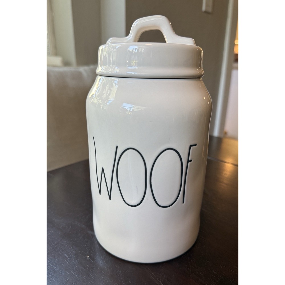 Rae Dunn WOOF Dog Treat Ivory Ceramic Jar with Lid Canister by Magenta 9.5''